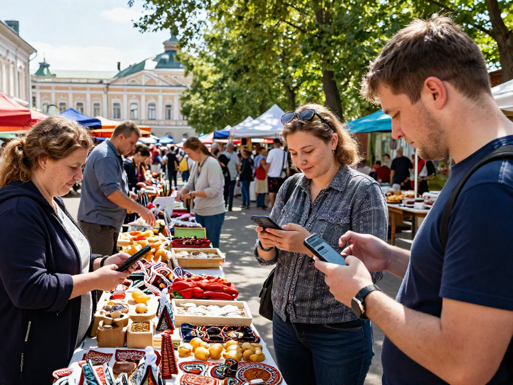 Turistas usando https://payinrussia.com/ en un mercado local de Rusia, rodeados de coloridos puestos.