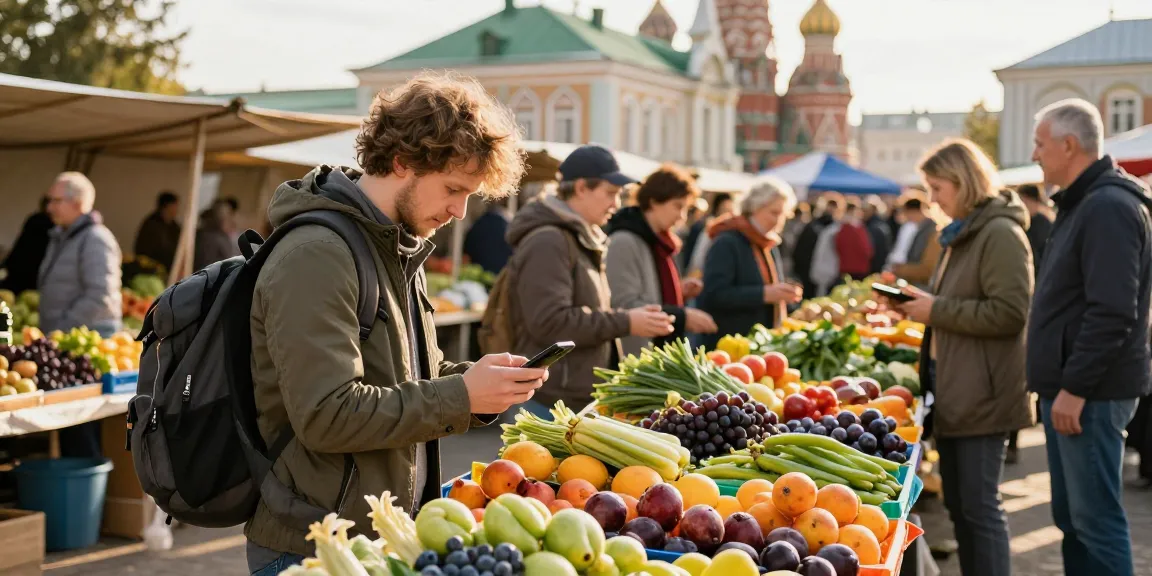 Explorando el mercado ruso con https://payinrussia.com/ en la mano, turista comprando productos locales.