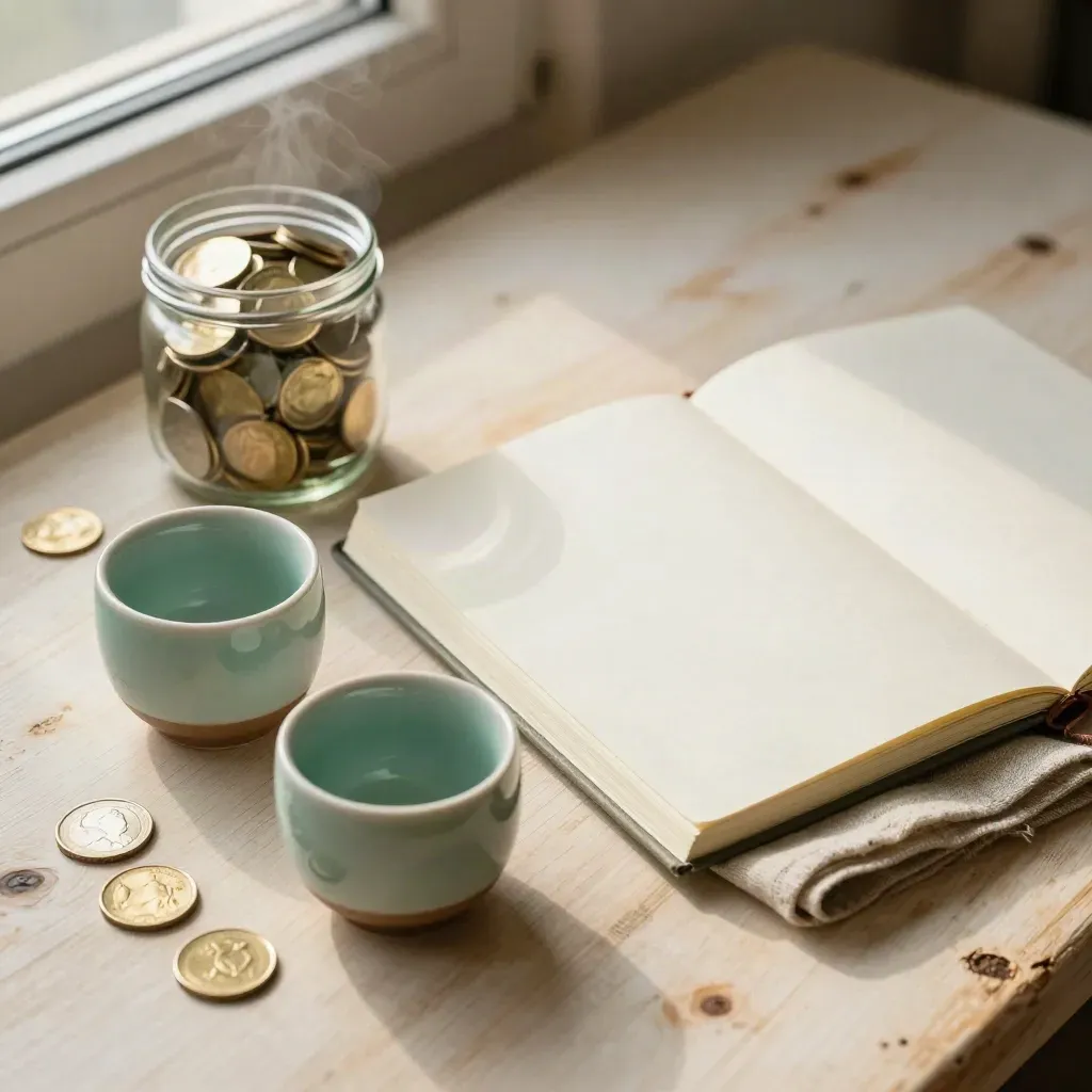 Budgetbok, myntkoppar, sparglas och linneservett på ljus björk i mjuk morgonluft.