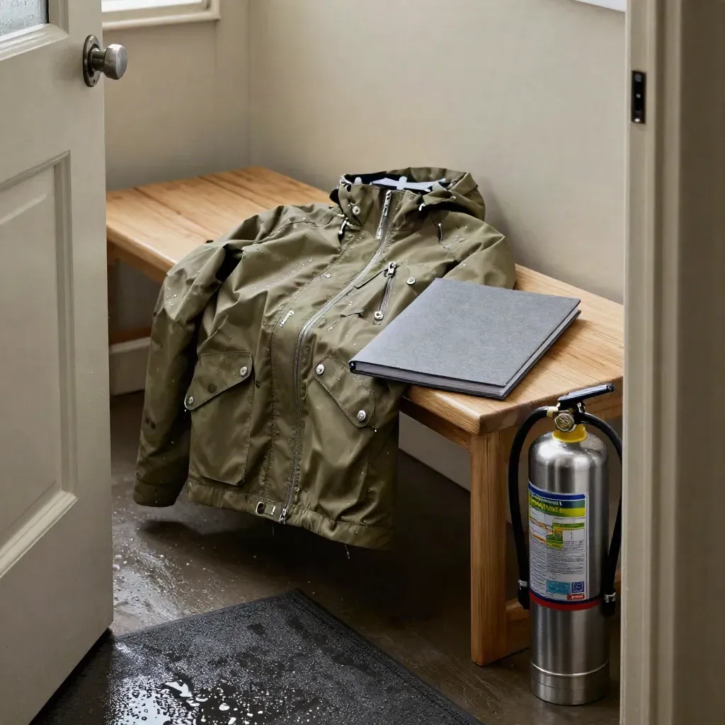 Regnjacka, försäkringspärm och brandsläckare på hallbänk efter regn