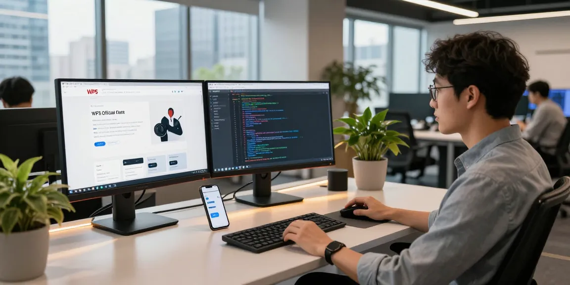 Professional workspace featuring the WPS Official Website with sleek monitors and city view.